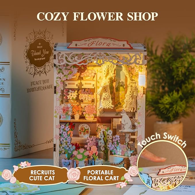 MOMIBOOK Book Nook Kit 153 Pcs DIY Miniature Dollhouse Kit for Adults, 3D Wooden Puzzle Mini Booknook Bookend Bookshelf Decor, Tiny House Model, Party Christmas Birthday Gifts, Flower Shop Cabin