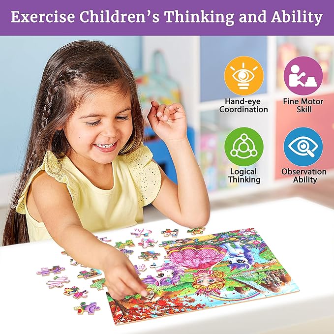Princess and Unicorns Puzzles for Kids Ages 4-8, 100 Pieces Jigsaw Puzzles for Kids Ages 3-5 Puzzle for Girls and Boys Learning Educational Puzzles Toys in a Metal Box