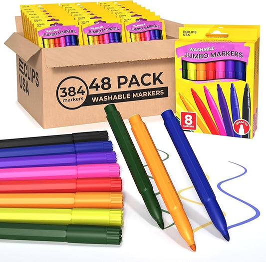 E-CLIPS USA Jumbo Markers For Kids, Colored Markers For School, Washable markers Bulk Classroom, Broad Tip, 8 Per Box (48 Pack)