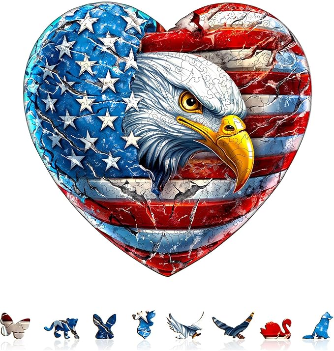 Wooden Puzzles for Adults, Patriotic Eagle Wooden Jigsaw Puzzle Unique Shape Animal Wood Puzzles Adult 3D Visual Effect, Birthday Gifts for Puzzle Lovers Family Games (M-11.4 * 10.9in-180pcs)