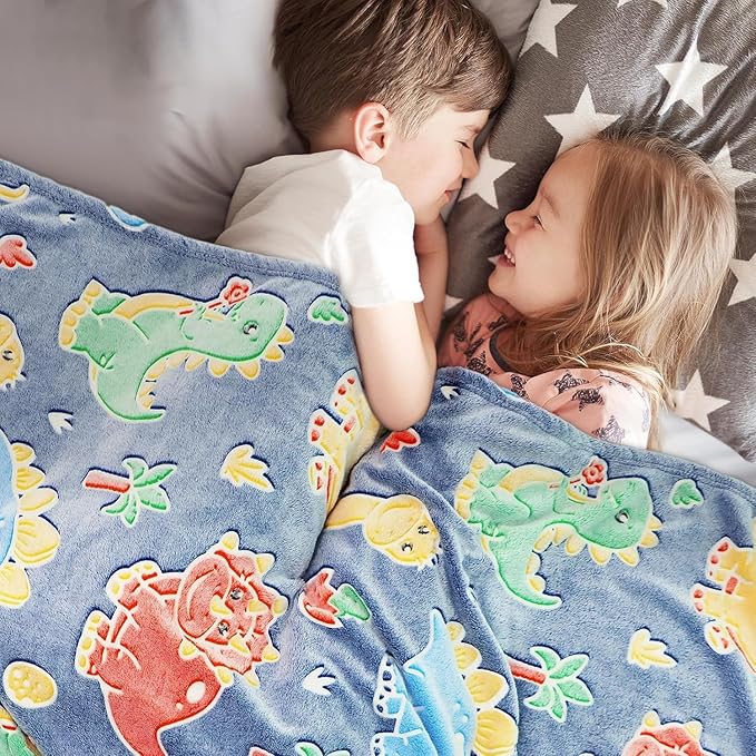 Cute Kids Blanket Glow in The Dark Dinosaur for Boys Flannel Glowing Bed Sofa Couch Soft Warm Blankets Christmas Birthday Gifts Teen 40"x50"