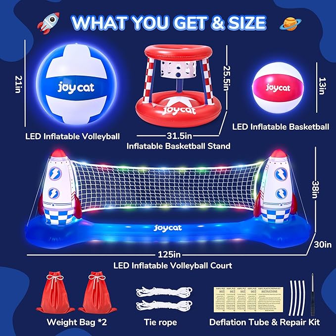 JoyCat LED Inflatable Pool Floats Set,125 Inch Volleyball Net & Basketball Hoop,Floating Swimming Pool Games Beach Toys for Kids,Water Games for Adults and Family,Pools Party Gift