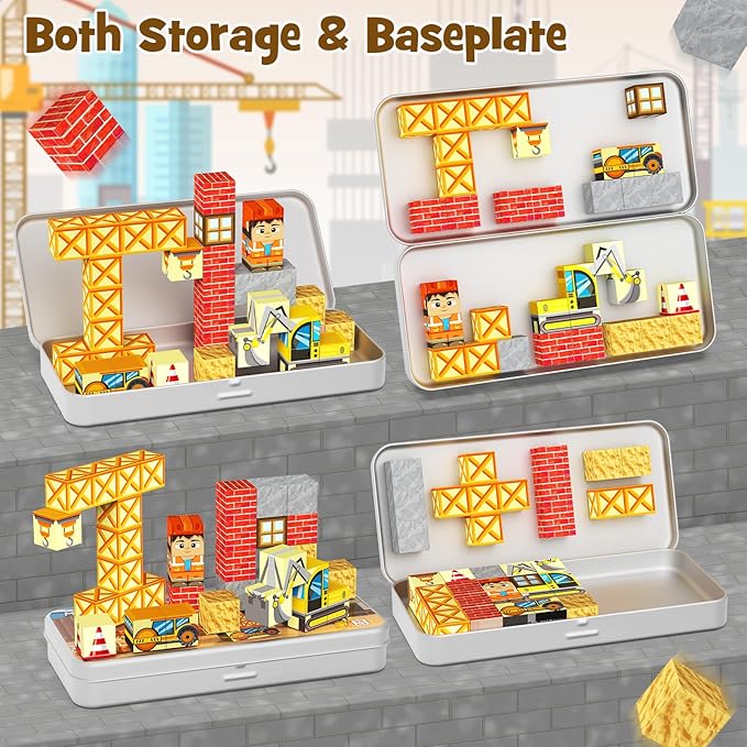 Magnetic Building Blocks for Kids, STEM Engineering Travel Toys with Portable Iron Box, Educational Construction Set for Toddlers Ages 3-8(35 Piece)