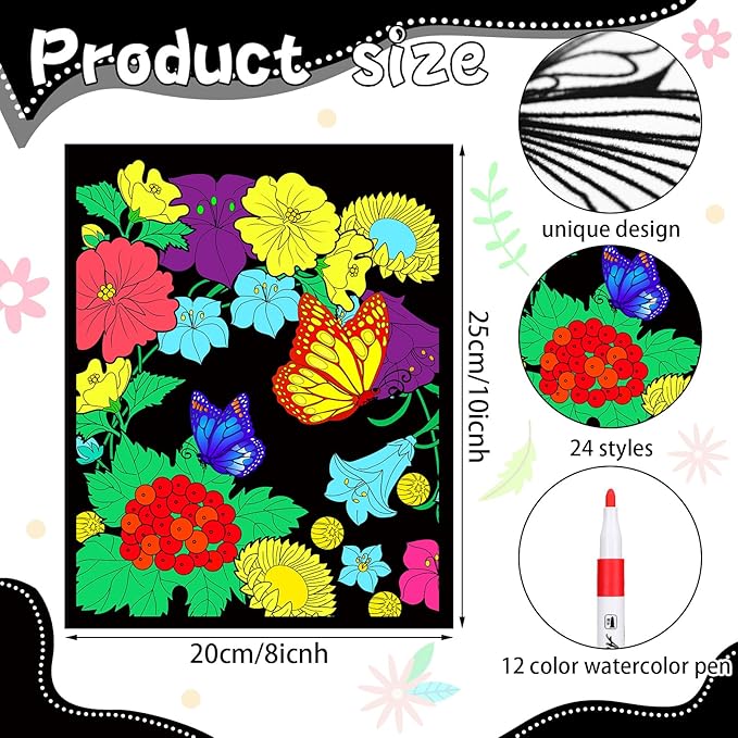 Zhanmai Pack of 48 Animal Velvet Coloring Posters and Watercolor Pens Creature Forest Panda Trigger Lion Velvet Posters for Adults Coloring Poster for Classroom Holiday Arts Crafts