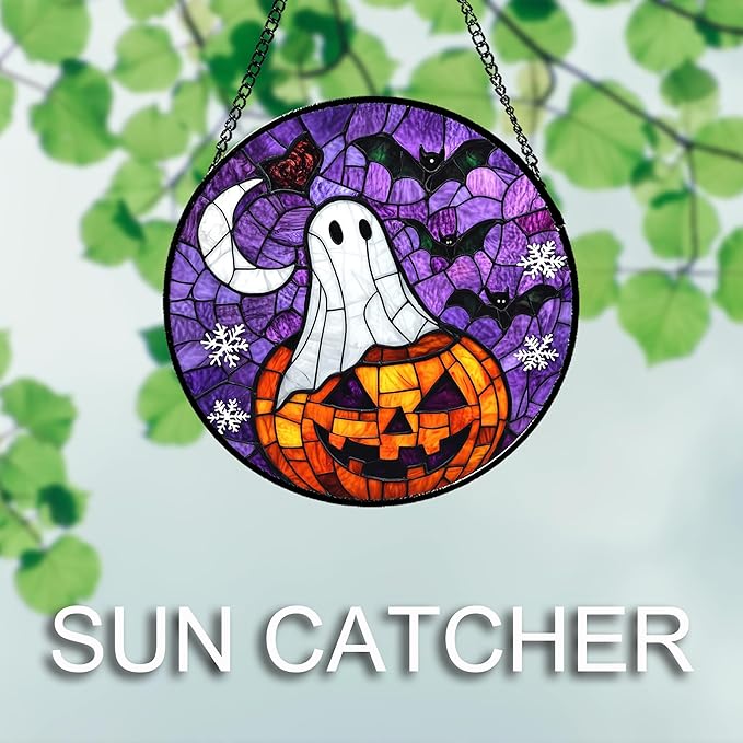 Stained Glass Window Hanging Halloween Horror Pumpkin 11.8" - Suncatcher Door Garden Sunroom Gothic Style Ghost Bat Sun Catcher Birthday for Friend Mom Men Woman Nana