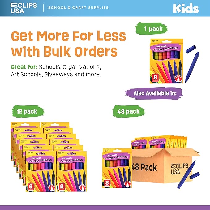 E-CLIPS USA Jumbo Markers For Kids, Colored Markers For School, Washable markers Bulk Classroom, Broad Tip (1 Pack)