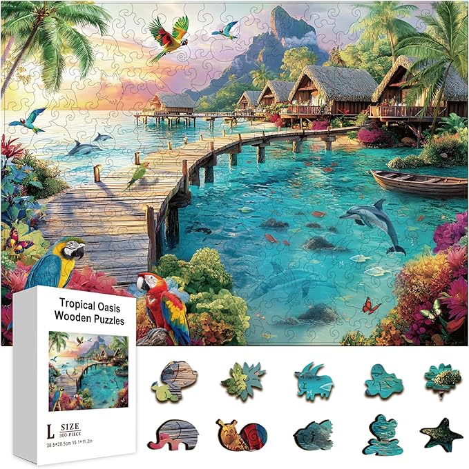 GLOBLELAND 300Pcs Tropical Oasis Wooden Jigsaw Puzzles for Adults 11.22x15.16inch Colorful Water City Wood Puzzles Holiday Birthday Gifts