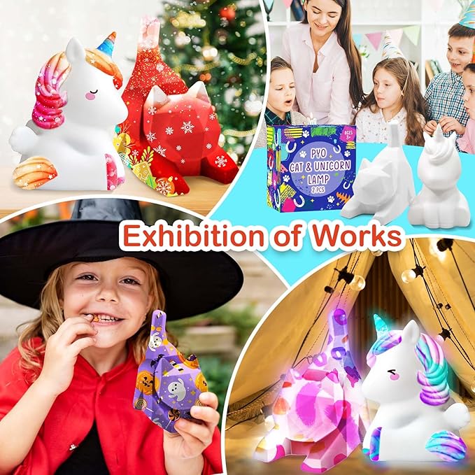 Goodyking Paint Your Own Cat & Unicorn Lamp Art Kit 2pcs, DIY Night Light, Christmas Crafts for Teens, Painting Kit for Girls Boys Age 4 5 6 7 8+, Art Supplies Cat Craft Gift for Birthday, Party