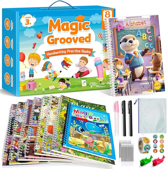 Magic Grooved Writing Practice Kit for Kids Ages 3-8, 7 Reusable Grooved Handwriting Books with 2 Pens & 20 Refills + Watercolor Book with Water Pen, Large Grooved Copybooks for Preschool (8)