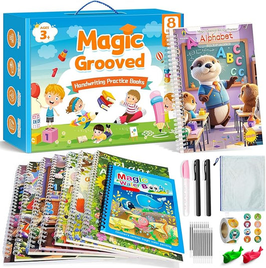 Magic Grooved Writing Practice Kit for Kids Ages 3-8, 7 Reusable Grooved Handwriting Books with 2 Pens & 20 Refills + Watercolor Book with Water Pen, Large Grooved Copybooks for Preschool (8)