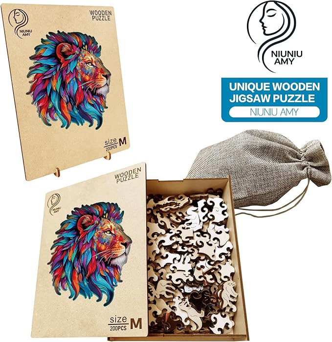 Wooden Puzzle for Adults,Lion Jigsaw Puzzles 200 Piece,Thanksgiving Birthday Gifts Family Game,Unique Shape Puzzles Challenge 11 x 11 Inch