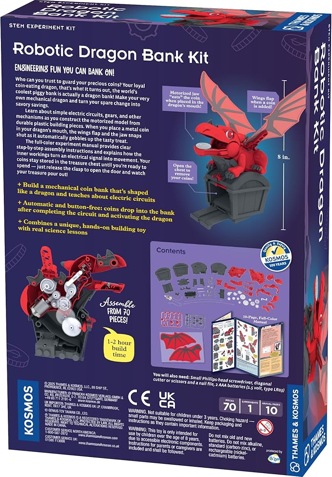 Thames & Kosmos Robotic Dragon Bank Kit | Hands-on STEM Construction Toy, Build a Mechanical Dragon Coin Bank, Explore Electric Circuits & Engineering, Educational Birthday Gift, Boys & Girls Ages 8+