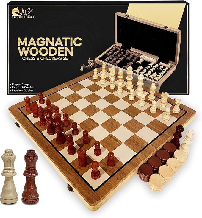 Magnetic Chess Set with Checkers - 15" (2 in 1) Folding Wooden Chess Sets for Adults & Kids with 2 Extra Queens | Travel Chess Board Game Set with Chess Pieces Storage Slots, Luxury Gift with Storage