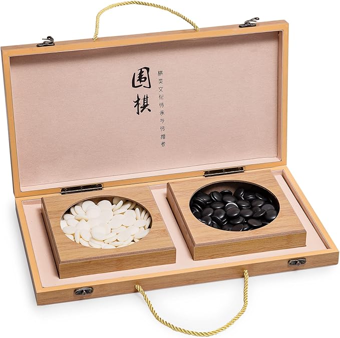 19 x19 Folding Go Game Set Board with and Bamboo Bowls and Imitation Jade Go Pieces。