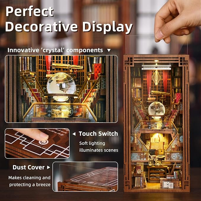 DIY Book Nook Kit for Adults, 3D Wooden Puzzle Bookend Bookshelf Insert Decor with LED Light and Dust Cover (Beyond Library)