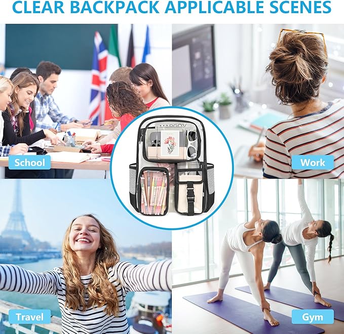 Black Clear Backpack, Heavy Duty PVC Clear Bag for Stadium Events, Transparent Backpack with Reinforced Straps & Stitches for Girls Boys, Large Capacity Bookbag for School, Travel, College, Work
