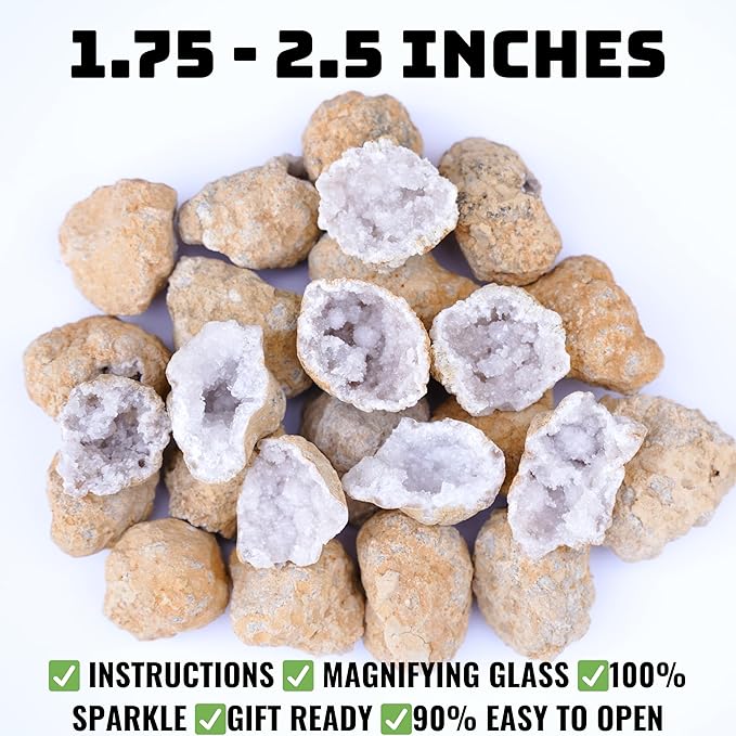 20 Break Your Own Geodes Kit โ 20 Natural Geodes 1.5 to 2.5 Inches - Magnifying Glass & Learning Guide โ Fun STEM Activity for Kids Easy-to-Open - Medium