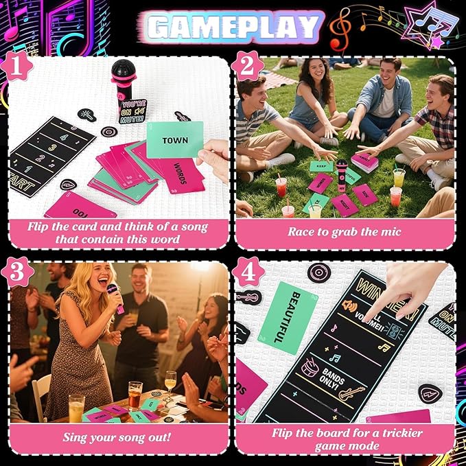 Mic Karaoke Party Game, Family Microphone Music Card Game, 8+ Year Olds, 2-10 Players, Family Games for Bad Singers with 250 Song Lyrics, Kids Gift for Music Lovers