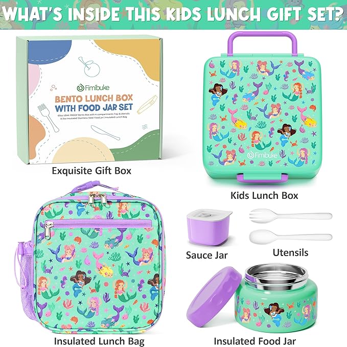 Fimibuke Bento lunch Box Set for Kids Adult with 8oz Thermos Food Jar, Insulated Lunch Bag &Sauce Cup, Leakproof Dishwasher Safe Toddler Lunch Food Container with 3-4 Compartment for School Girls Boys