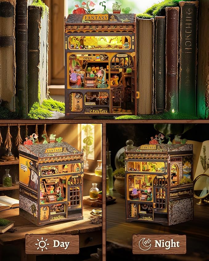CUTEBEE Book Nook Kit - DIY Miniature Dollhouse for Adults & Teens, LED-Lit Bookshelf Decor, Fantasy Plant Shop Craft Kit, Ideal Gifts (Fantasy Plant Shop)