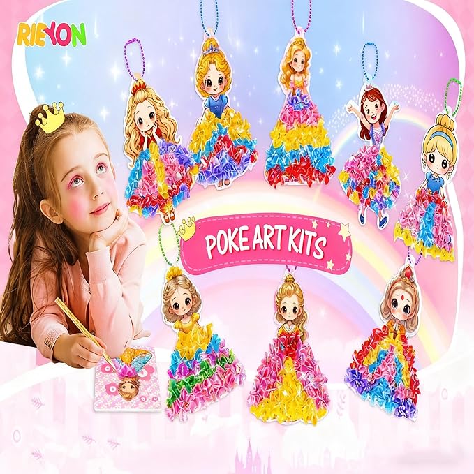 RIEYON Poke Poke Art Kits - Magical Princesses for Kids, 8 Princesses & 1 Flower Arts and Crafts Mess-Free DIY Creative Activity Kits, Birthday Christmas Gifts for Girls & Boys Ages 4 5, 6, 7, 8, 9,10