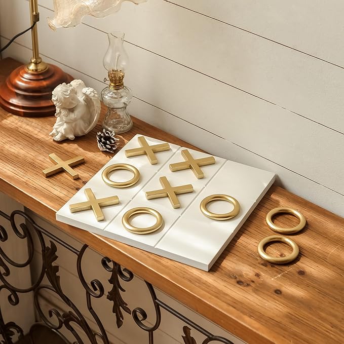 NIKKY HOME 12x12 Inch Tic Tac Toe Wood Game Board Classic Coffee Table Decor Modern Wooden Travel Game for Family, White & Gold
