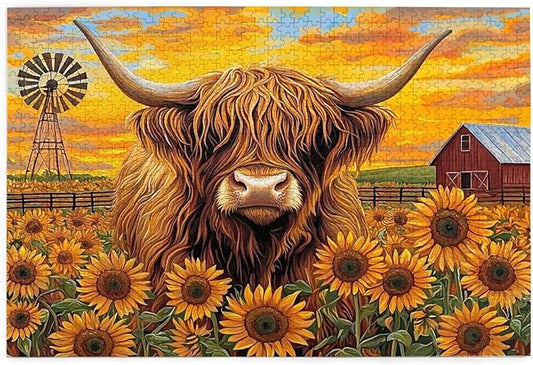 Beautiful Sunflower Highland Cow Jigsaw Puzzle 1000 Piece for Adult, Sunflower Jigsaw Puzzles Flowers Puzzle Nature Animal Flower Painting Jigsaw Puzzles Birthday Gifts for Adults and Family Game