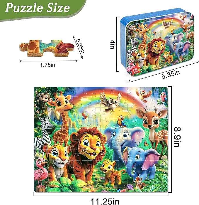 Jungle Animals Puzzles for Kids Ages 4-8, 100 Pieces Jigsaw Puzzles for Kids Ages 3-5 Puzzle for Girls and Boys Learning Educational Puzzles Toys in a Metal Box 