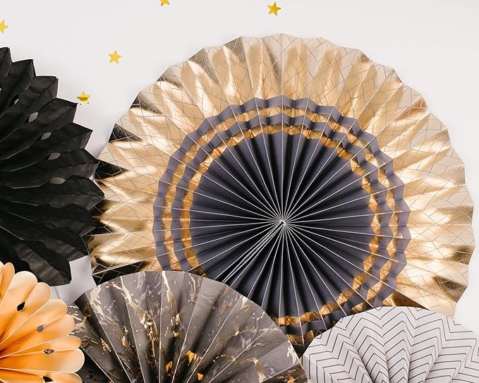 PapaKit Origami Wall Decoration Set (8 Assorted Round Paper Fans) Birthday Party New Year Graduation Events Decor | Creative Art Design Pattern (Charcoal & Gala Blue with Metallic Gold)