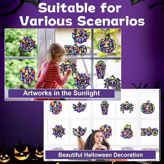 32 Sets Halloween Suncatchers Craft Kit DIY Window Stained Glass Effect Ghost Spider Skull Pumpkin Paper Crafts Home School Classroom Decoration Kid Birthday Gift Creative Art Project Activity Game