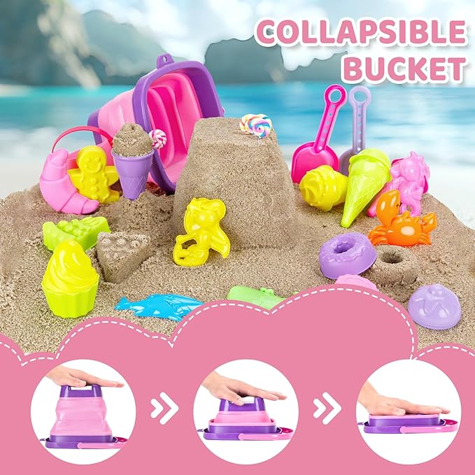 Collapsible Beach Toys Set for Kids Girls Ice Cream Sand Toys Set with Bucket & Shovels Set & Sand Molds and Mesh Bag, Travel Sandbox Toys for Toddlers Age 3-10