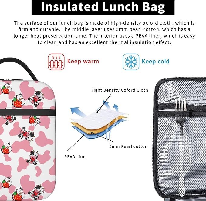 Pink Strawberry Cows Print Reusable Lunch Box Food Bag Insulated Lunch Bag for Teenage Boys Girls School Beach
