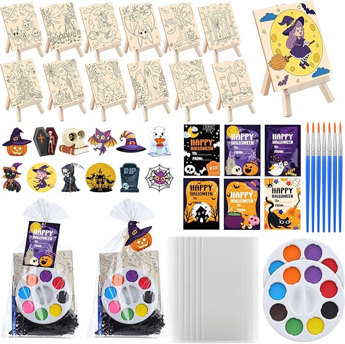 87 Pcs/12 Set Halloween Unfinished Wood Crafts Set Holiday Painting Gift Bulk Predrilled Wooden Ornaments Watercolor Paints with Cards Craft for Holiday Bags Party Supplies