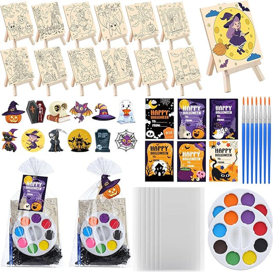 87 Pcs/12 Set Halloween Unfinished Wood Crafts Set Holiday Painting Gift Bulk Predrilled Wooden Ornaments Watercolor Paints with Cards Craft for Holiday Bags Party Supplies