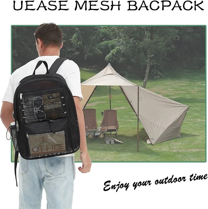 Mesh Backpack Heavy Duty for School, 35L Extra Large Mesh Bookbag for Adults, See Through Mesh Black School Bag with Laptop Pocket for Work Swimming Beach Fitness Sport
