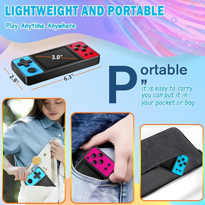 Beico 32 Bit Kids Handheld Games Preloaded 139 Video Games,Portable Electronic Toys with 3.0" IPS Screen Rechargeable Battery,Gaming System Birthday Gifts for Boys Girls Ages 4-12 (Blue-Red)