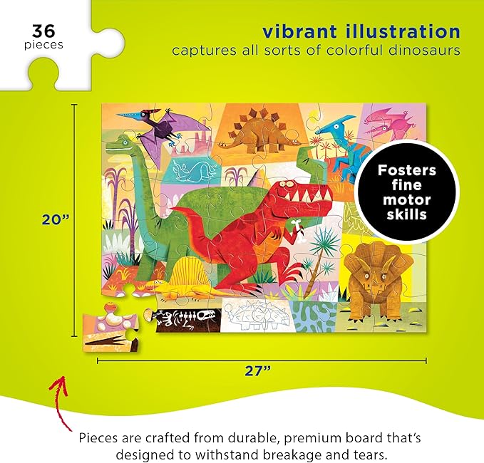 Crocodile Creek 36-Piece Jigsaw Floor Puzzle - Fun Floor Puzzles for Kids Ages 3-5 - Heavy-Duty Shaped Box for Storage - Dinosaur - 27" W x 20" H Finished