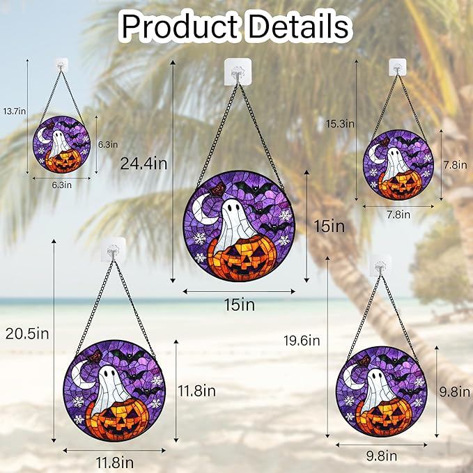 Stained Glass Window Hanging Halloween Horror Pumpkin 7.8" - Suncatcher Door Garden Sunroom Gothic Style Ghost Bat Sun Catcher Birthday for Friend Mom Men Woman Nana