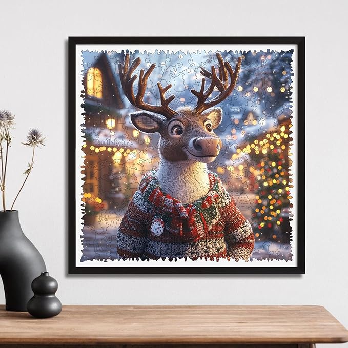 Ruikiyart Wooden Puzzles for Adults, Christmas Sweater Deer 200 Pieces Wooden Jigsaw Puzzles, Unique Shapes Pieces Christmas Deer Puzzle Great Gift for Kids and Adults (11.2"x11.2")