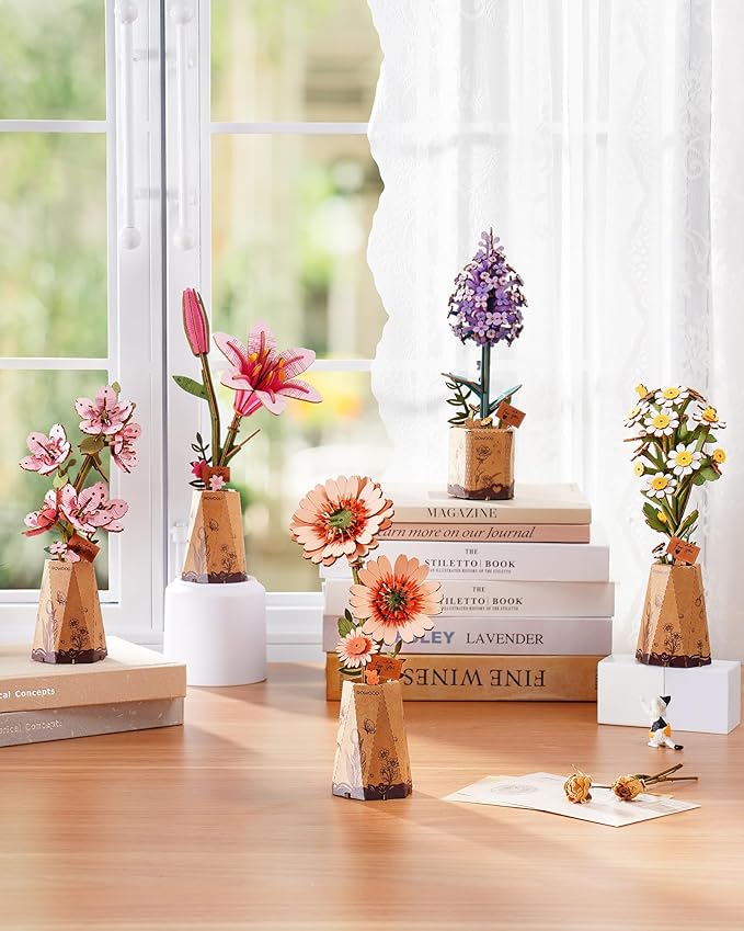 rowood 3D Puzzles for Adults,DIY Wooden Flower Building Craft Kits for Women,Christmas/Birthday Gift- Orange Gerbera Daisy