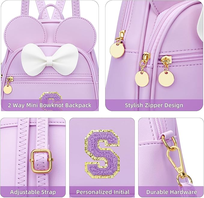 KKXIU Girls Initial Bowknot Cute Mini Backpack for Toddler, Travel Small Girl Backpacks, Personalized Trendy Stuff Gift for Little Girls and Kids(S, Purple)