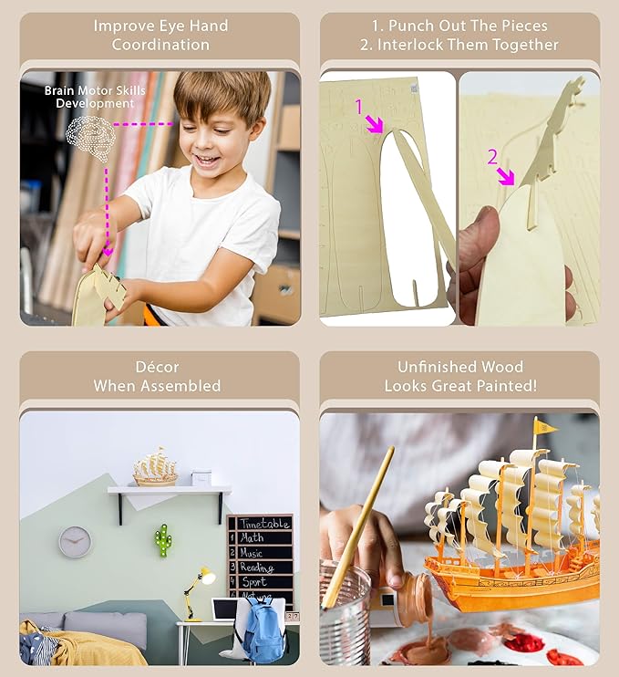 Puzzled 3D Puzzle Ancient Sailboat Wood Craft Construction Model Kit, Unique & Educational DIY Wooden Toy Assemble Model Unfinished Crafting Hobby Boat Puzzle 91 Pieces