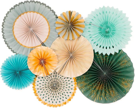 PapaKit Origami Wall Decoration Set (8 Assorted Round Paper Fans) Birthday Party Baby Shower Wedding Events Decor | Creative Art Design Pattern (Sage Green with Metallic Gold Accent)