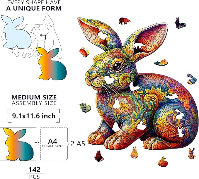 Wooden Puzzles for Adults, Unique Puzzles for Adults, Irregular Animal Shaped Wooden Jigsaw Puzzles, Creative Birthday Gift, 11.8 x 9.1 inch, Rabbit