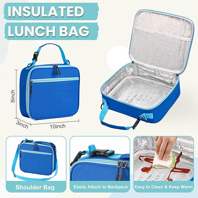 Kids Lunch Bento Box with Thermo Ice Pack Food Container with Insulated Lunch Bag, Insulated Water Bottle with Straw for Girls Boys, Blue