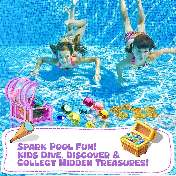 Diving Gem Pool Toys Colourful Big Diamonds and Gold Coins with Pirate Treasure Chest Throwing Toys Water Toys Underwater Gems Swimming Training Gift for Kids Birthday Party Favor