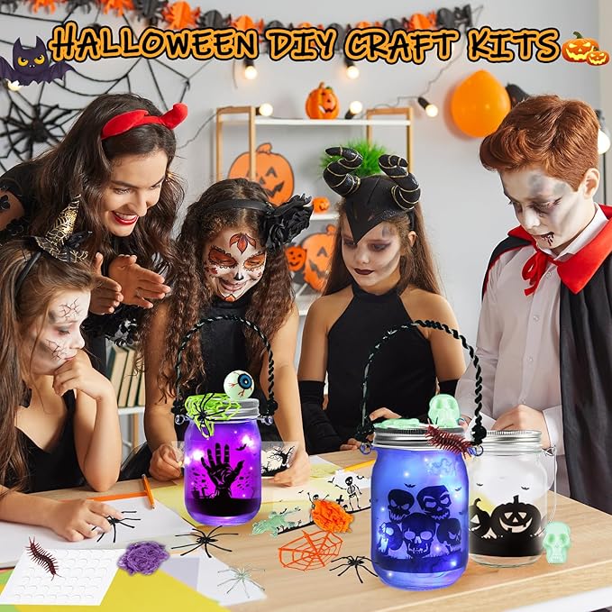 Letapapa Halloween Crafts for Kids, 8 PCS Mason Jar with Accessories for DIY Craft & Art Party Favor Supplies, Halloween Decoration Trick or Treating, Classroom Art Activities
