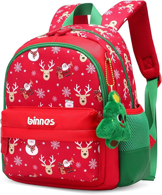 Kids Christmas Backpack Holiday School Bag with Santa & Reindeer Print, Lightweight Durable Bookbag with Plush Keychain Gift for Boys Girls