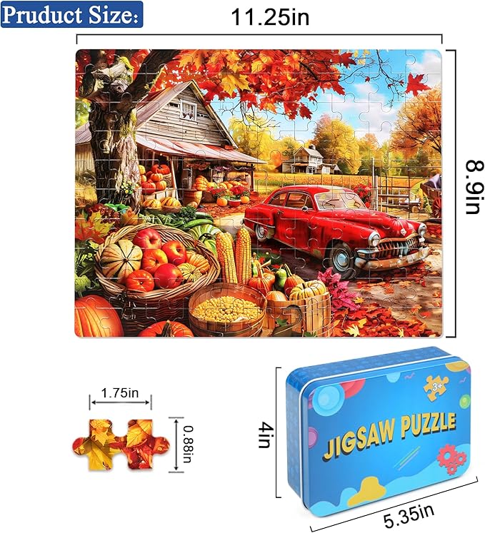LELEMON Autumn Jigsaw Puzzles in a Metal Box 100 Pieces Autumn Pumpkin Red Car Maple Leaves Jigsaw Puzzle for Kids Ages 4-8 Children Learning Educational Puzzles Toys