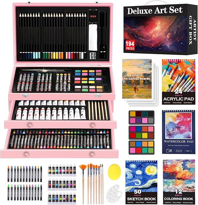 194 Piece Deluxe Art Set, Painting Drawing Art Supplies with 4 Drawing Pads, Acrylic Paints, Crayons, Colored Pencils Set in Wooden Case, Art Kit Gift Box for Kids, Teens, Adults, Artists, Beginners